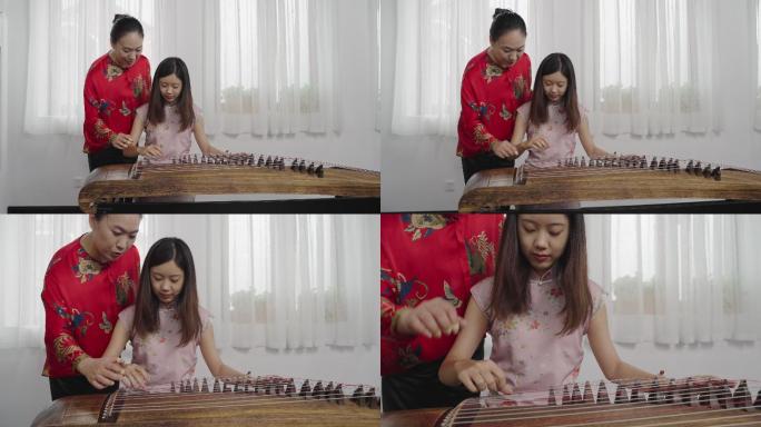 4k老师指导年轻女子学习古筝演奏古筝教学
