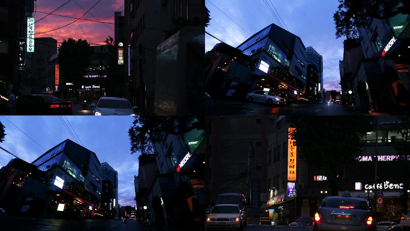 韩国城市夜景 街道车流