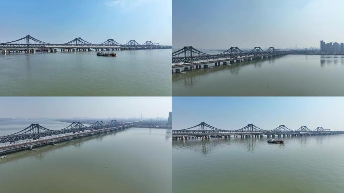 杭州彭埠跨江大桥航拍 高铁行驶穿过江面