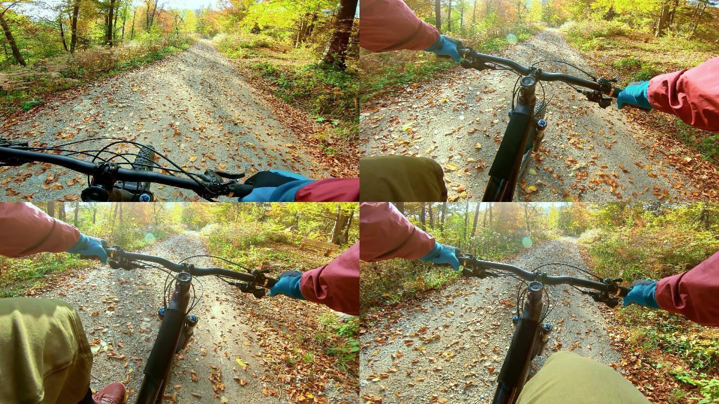 在秋天的森林里骑山地车