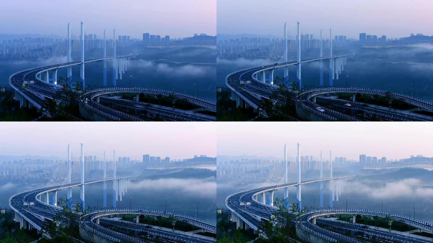 延时黎明至天亮嘉陵江蔡家大桥平流雾