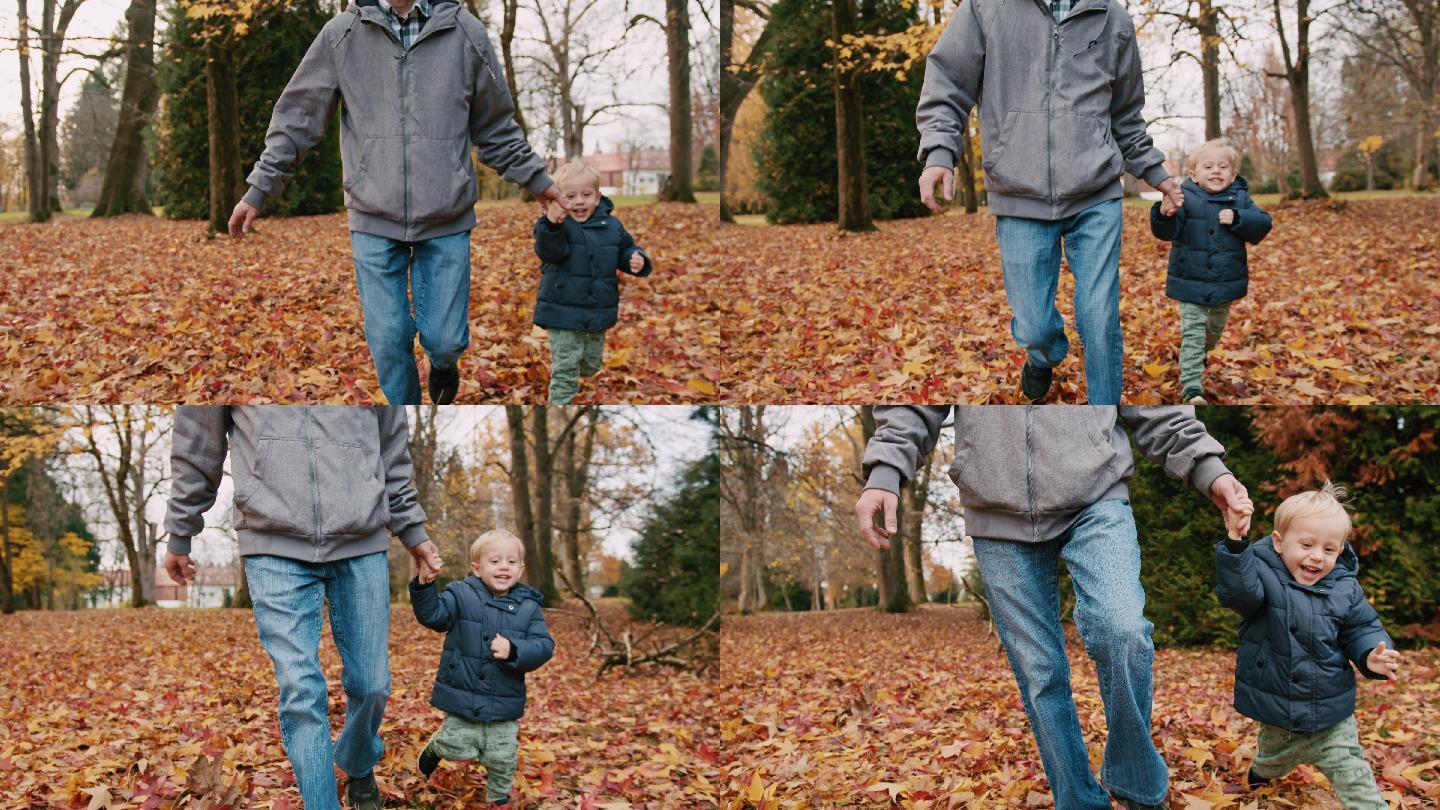 父亲和儿子一起在秋天公园跑步