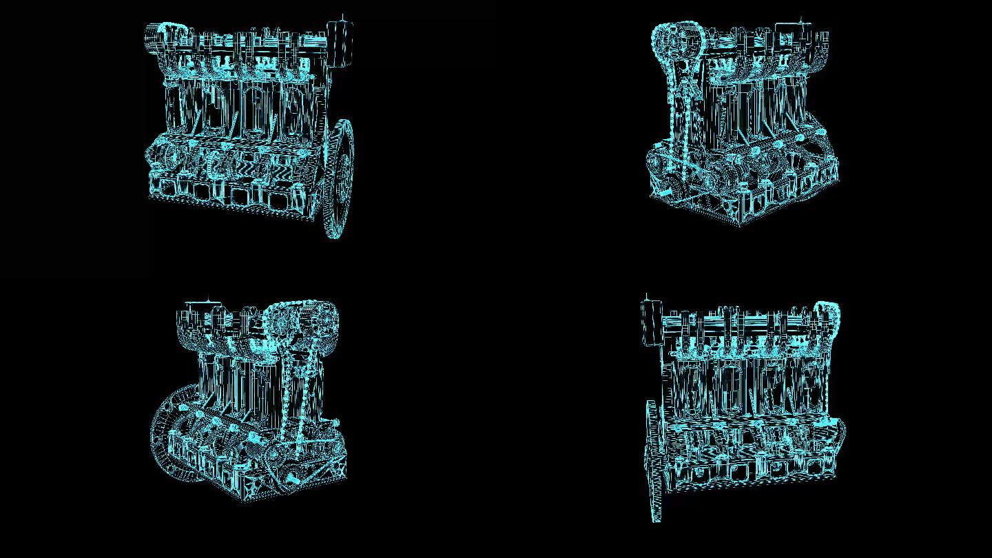 4K蓝色线框全息科技汽车引擎动画带通道