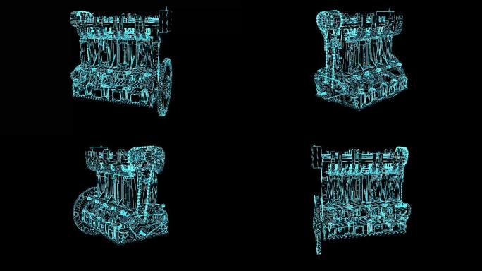4K蓝色线框全息科技汽车引擎动画带通道