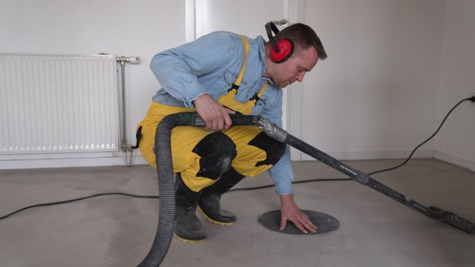 男工人用吸尘器清洁地板。