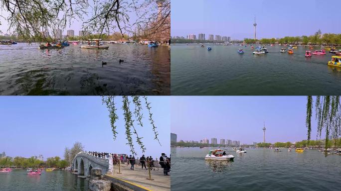 北京疫情解封后公园的游人与游船