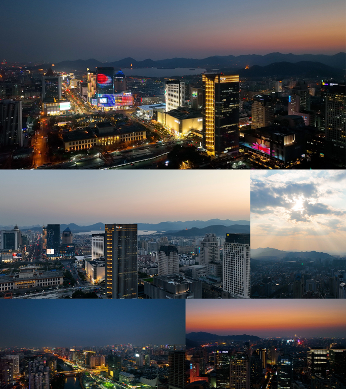 杭州市中心落日与傍晚航拍