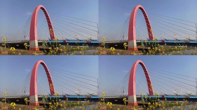 美丽风光斜拉索大桥延时摄影红色桥梁跨河桥