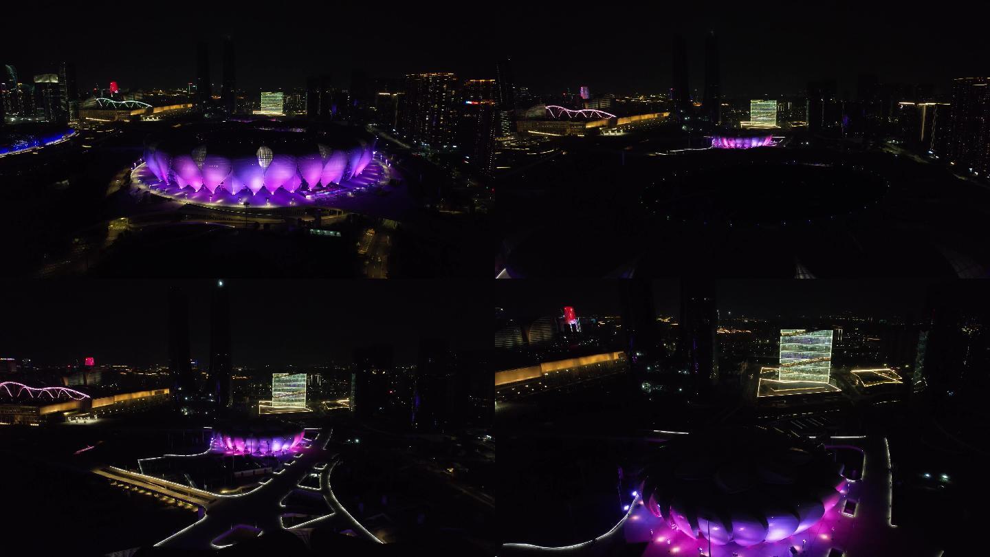 杭州奥体中心夜景航拍4k穿梭实拍