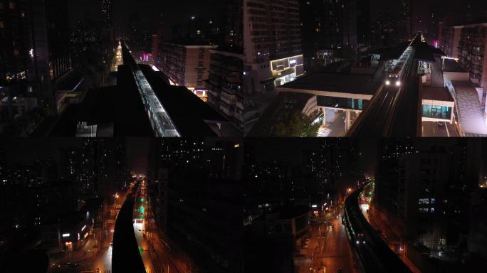 武汉地铁轻轨1号线循礼门城市穿越夜景航拍