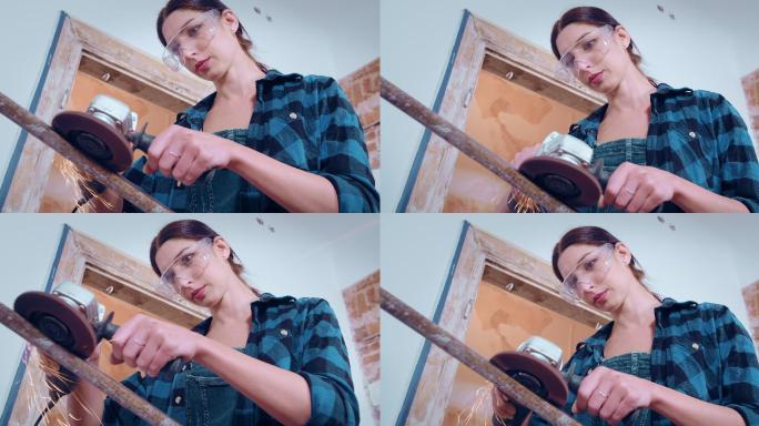 女子打磨木制部件进行公寓装修。