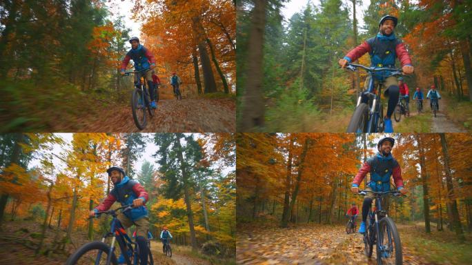 骑三地自行车的人秋季秋景低碳出行国外骑车