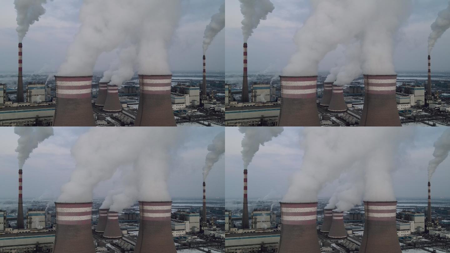 火力发电站鸟瞰图大气污染碳排放大烟囱