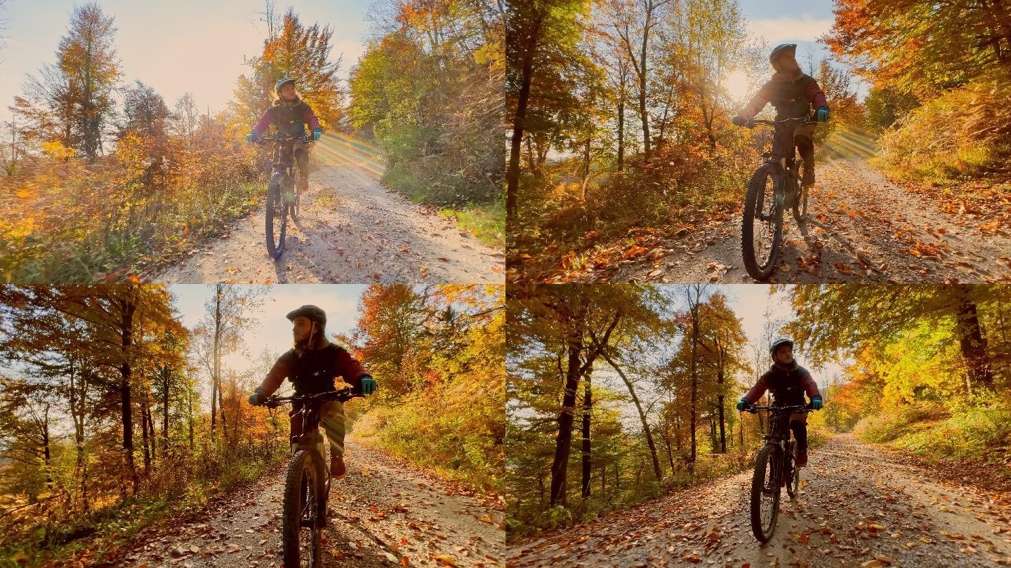 在秋天的森林里骑山地车