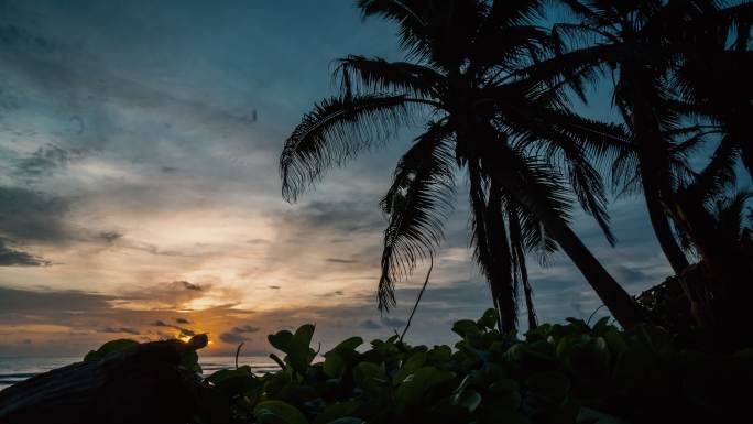 日落下的海洋傍晚延时风光海边椰子树夕阳西