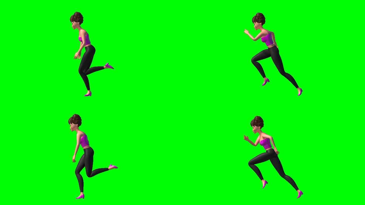 绿色屏幕上跑步女性的侧视图