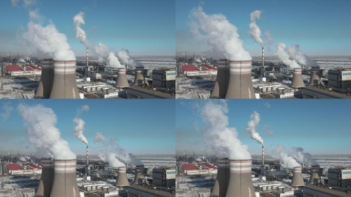 火力发电站鸟瞰图环境污染白烟雾