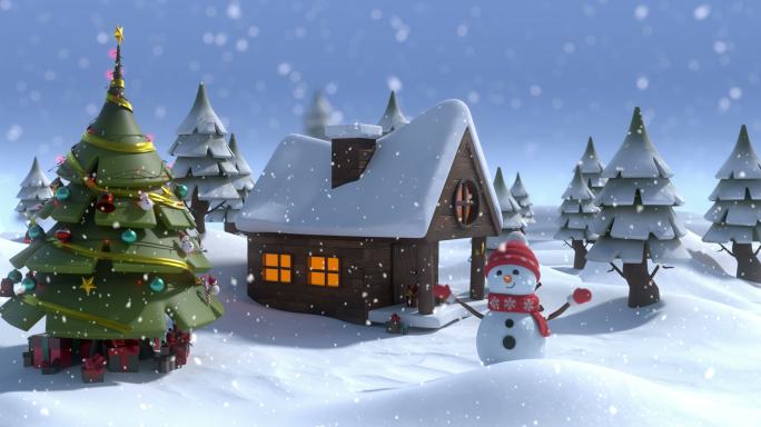 微笑的雪人和圣诞树上的动画