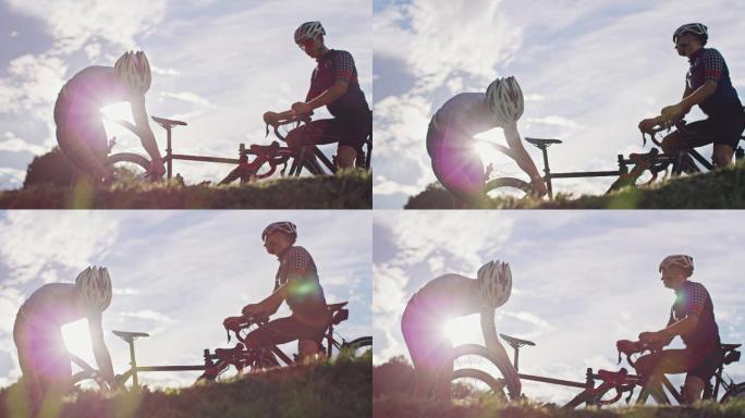 自行车手更换车轮探险脚踏车修正轮胎