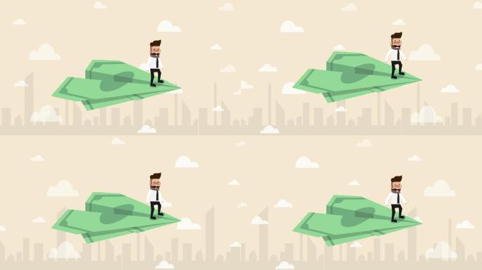 商人乘坐钞票纸飞机