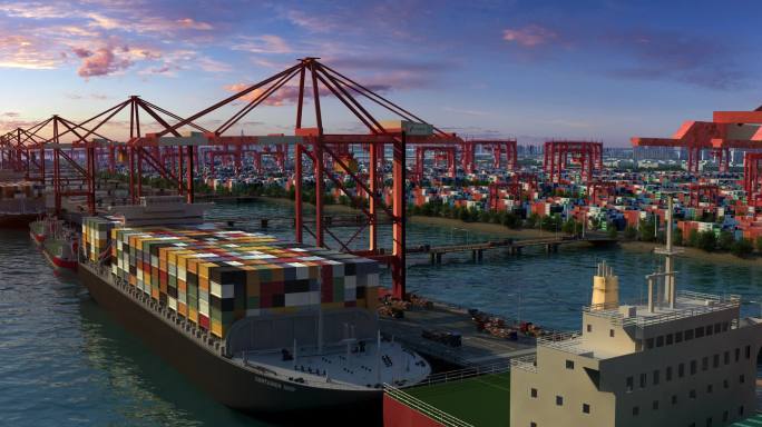 【宽屏】三维航运货轮码头港口国际贸易动画
