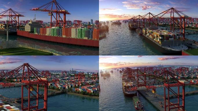 【宽屏】三维航运货轮码头港口国际贸易动画