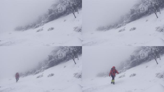 雪山单人红衣徒步行走HDR