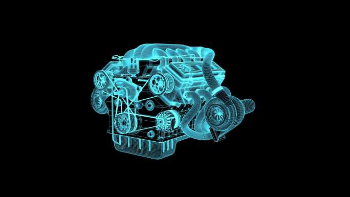 4K蓝色全息科技线框发动机素材旋转带通道