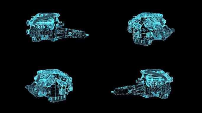 4K蓝色全息科技线框发动机素材旋转带通道