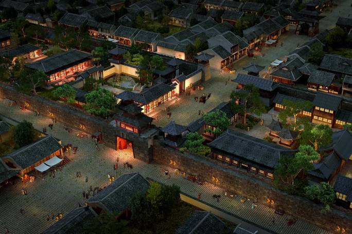 【三维】四季变化古代古城街道商业幻影成像