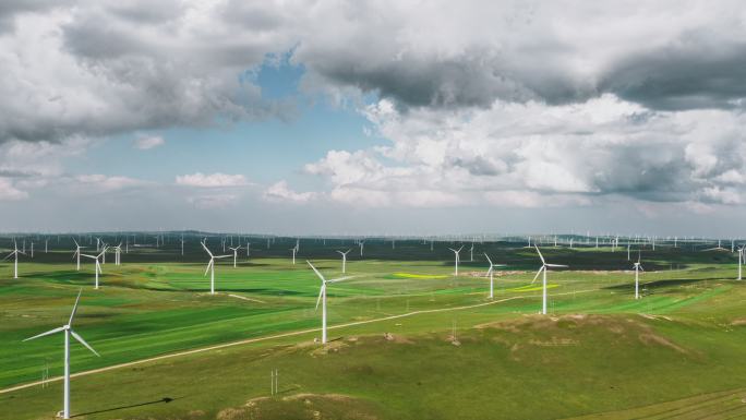 风力发电场鸟瞰图风能电能发电低碳环保节能