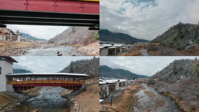 西藏风光视频河流上藏式木桥雪域村镇