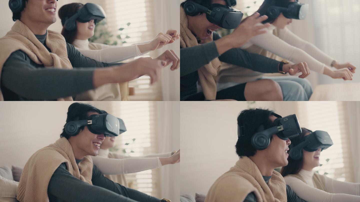 快乐的情侣戴着虚拟现实眼镜玩游戏