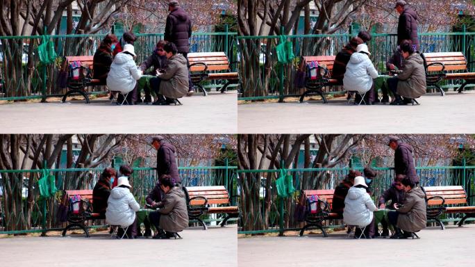 公园长椅上玩纸牌的退休老人