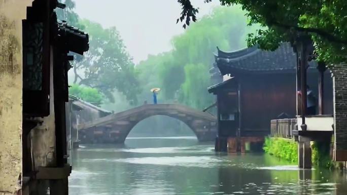 江南小镇看风景蒙蒙细雨小桥流水烟雨乌篷船