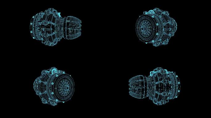 4K蓝色全息科技线框发动机素材旋转带通道