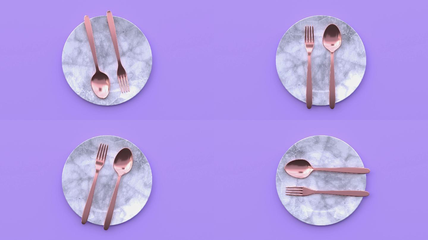 勺子和叉子铜餐具三维盘子