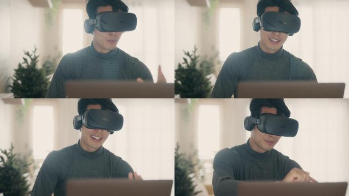男子在家工作，戴着VR眼镜。