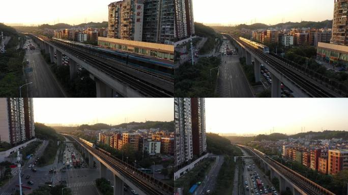 深圳地铁3号线日落追车4K航拍视频