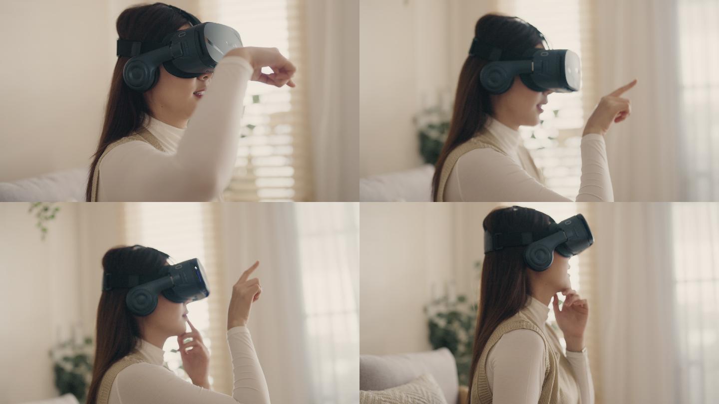 戴着VR眼镜坐在家里沙发上的年轻女子。