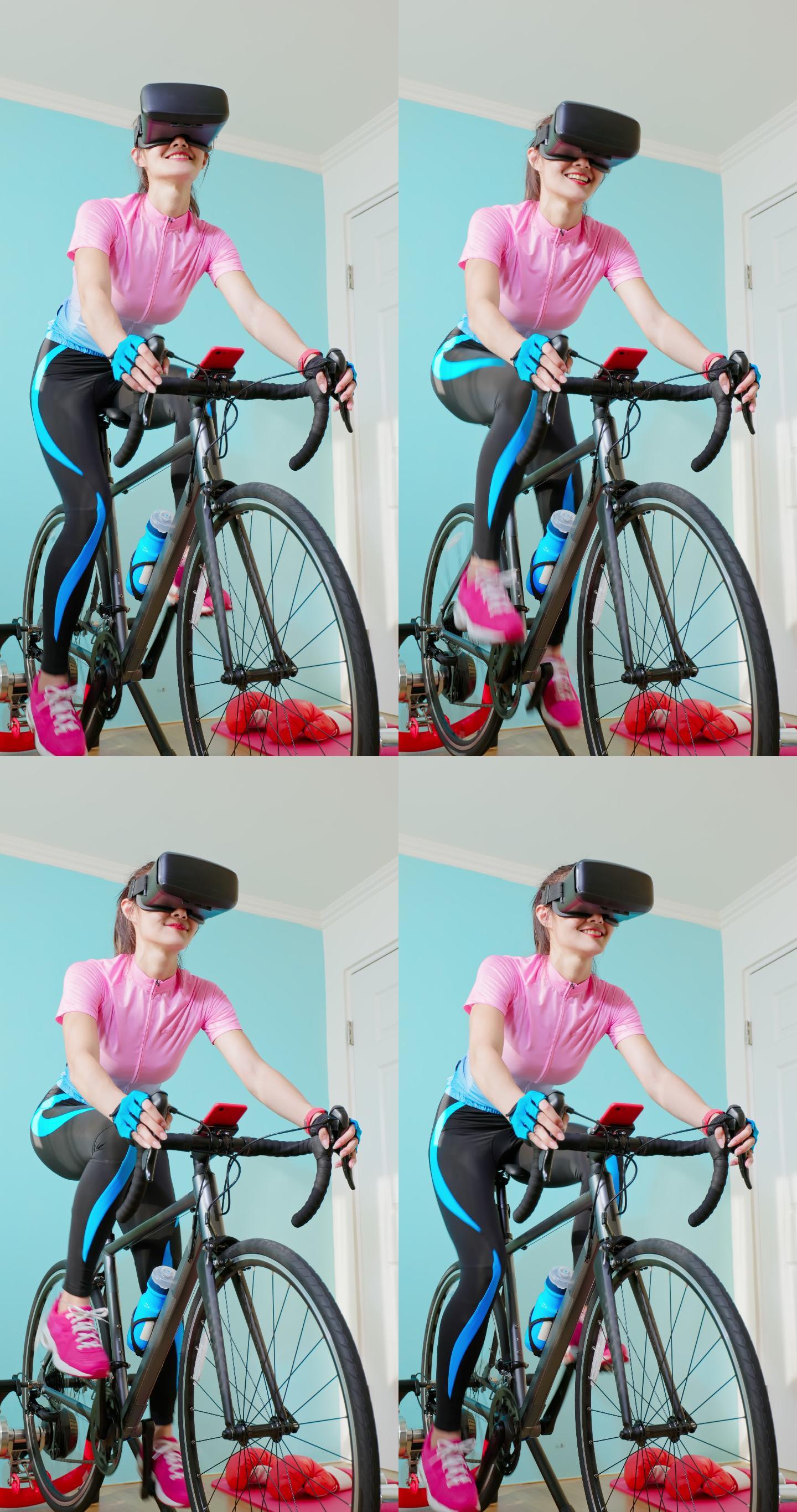 戴着VR眼镜骑自行车的女人