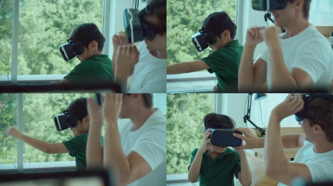父亲和儿子戴着VR眼镜打拳