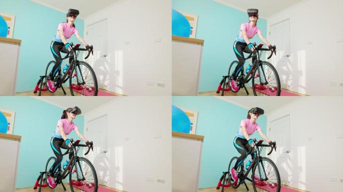 戴着VR眼镜骑自行车的女人