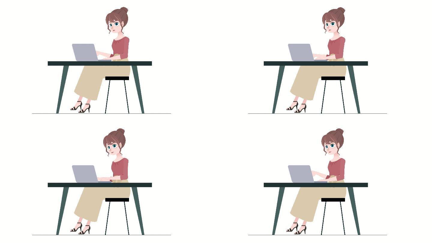 卡通女性在电脑上工作