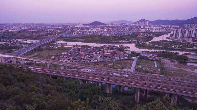 高铁运河高速公路日落延时杨汛桥日转夜