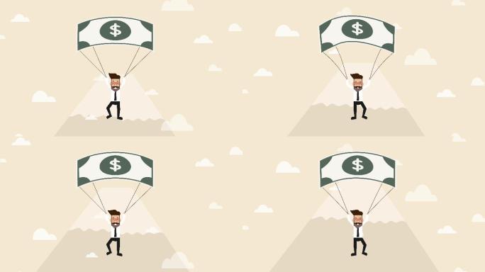 商人拿着钞票跳伞一沓百元美钞数字货币国际