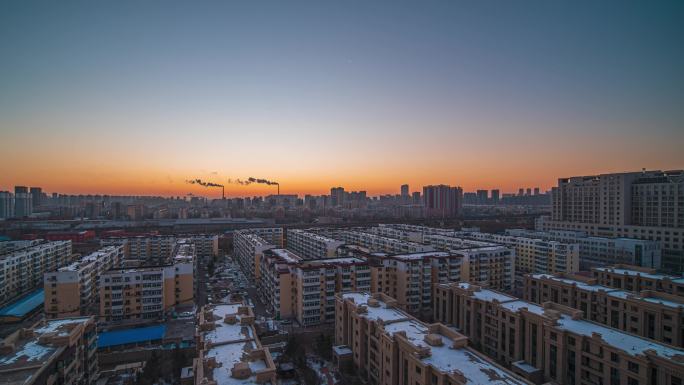辽宁省沈阳市城市风景冬季日出延时摄影