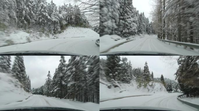 雪天山区道路自驾游雪景风光