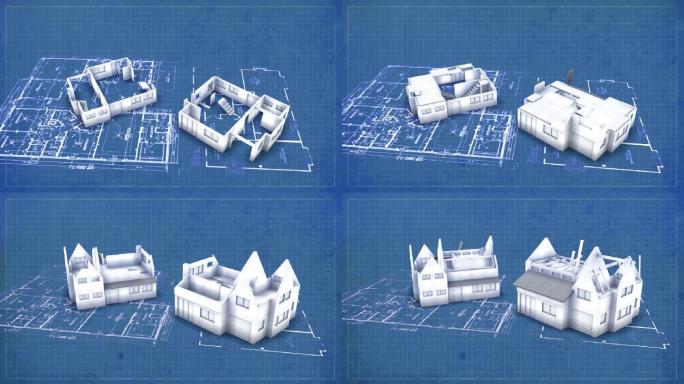 蓝图背景上的3D动画房屋