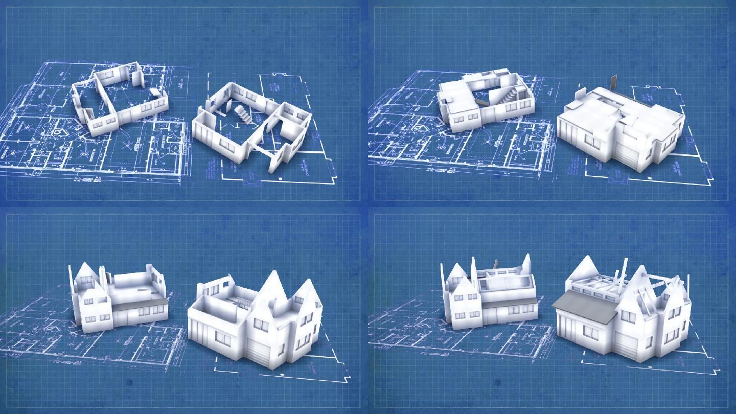 蓝图背景上的3D动画房屋